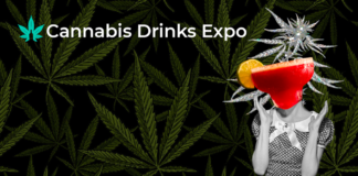 Cannabis Drinks Expo: Discover skyrocketing category from hemp-based sports drinks to cocktails cannabis drinks expo poster with black background with dark green cannabis leaves in the foreground on the right is a black and white photo of a person in a dress with a giant red frozen cocktail covering her face and in the upper left is the text Cannabis Drinks Expo