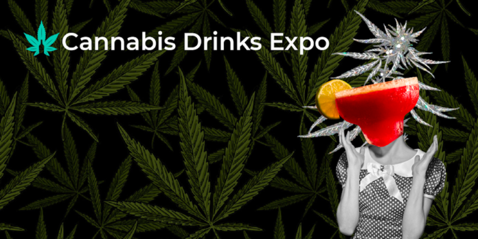 cannabis drinks expo poster with black background with dark green cannabis leaves in the foreground on the right is a black and white photo of a person in a dress with a giant red frozen cocktail covering her face and in the upper left is the text Cannabis Drinks Expo
