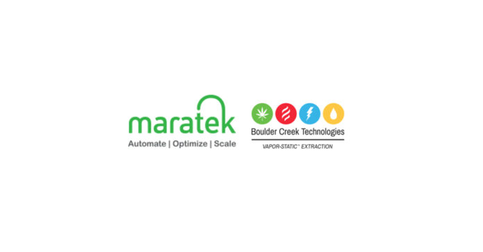 white background with green maratek logo and black boulder creek technologies logo above the black logo are four circles stretching the length of the text in green red blue and yellow