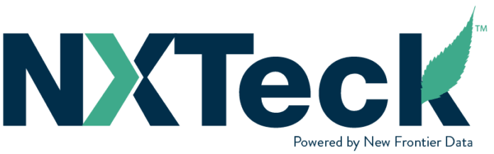 NXTeck logo white background navy and teal text reading n x teck with smaller text below reading powered by new frontier data