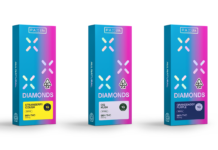 PAX Brings Concentrates Experience to a New Form with Launch of Diamonds Pods for PAX(R) Era™ 💎 product photo white background three pax diamonds packages in blue and pink hombre in the foreground in strawberry cough o g kush and grandaddy purple