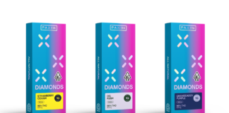 PAX Brings Concentrates Experience to a New Form with Launch of Diamonds Pods for PAX(R) Era™ 💎 product photo white background three pax diamonds packages in blue and pink hombre in the foreground in strawberry cough o g kush and grandaddy purple