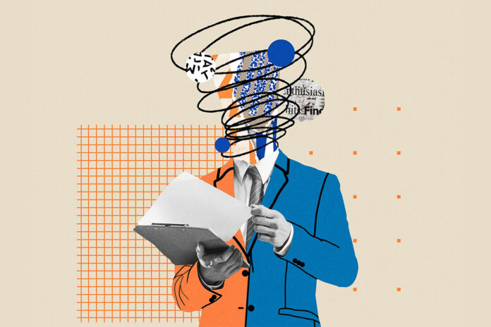 graphic of a man in a suit with a spiral for a head