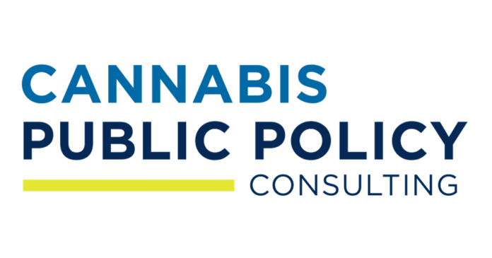 white background blue text reading cannabis public policy consulting