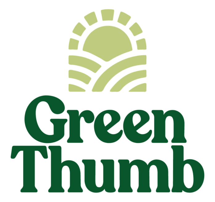 white background dark green text reading green thumb beneath a light green logo of a thumb print