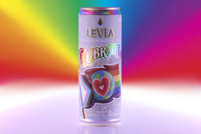 product photo of levia pride can with a rainbow background