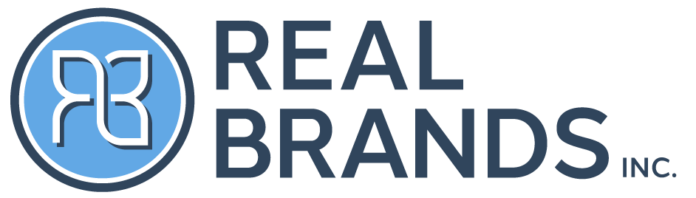 white background blue text reading real brands inc and a logo to the left featuring a white outline of leaves in a light blue circle