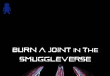 SMUGGLEBOT Introduces The SMUGGLEVERSE and a New Way to NFT black background white text reading burn a joint in the smuggleverse below the text is a venus fly trap with a nug in the center