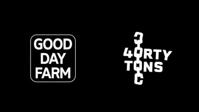 40 tons good day farms logos in white text on black background