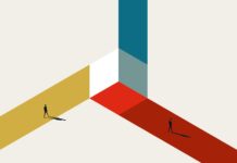 Brands and Profit Margins Driving M&A abstract illustration of two figures walking toward a square