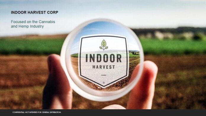 farm in background hand holding crystal ball in foreground with indoor harvest logo on the front of the ball
