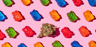 Packaging Responsibly for Compliance and Public Opinion recreational marijuana with gummy bears on a pink background