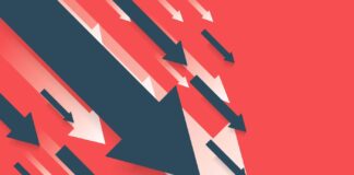 What We Can Learn from the 7% Decline in Consumer Spending blue and white arrows pointing downward on red background