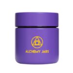 Alchemy Jars Announces Innovative Way to Store and Protect Cannabis from the Summer Heat white background royal purple jar with achelmy jars branding in gold on the front
