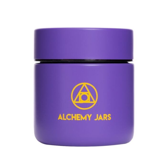white background royal purple jar with achelmy jars branding in gold on the front