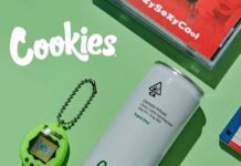 Green Monké Is Now the Global Beverage Partner for Cookies green monke beverage can on a green background with the cookies label in the upper right corner and a tomagatchi next to the can