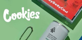 Green Monké Is Now the Global Beverage Partner for Cookies green monke beverage can on a green background with the cookies label in the upper right corner and a tomagatchi next to the can