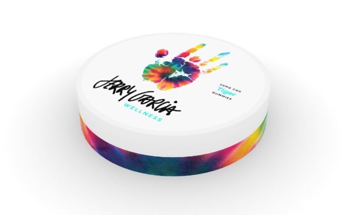 white background tie dye container with jerry garcia logo on the top beneath a tie dye hand