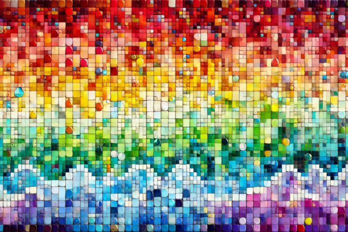 Abstract pH scale in a mosaic with all colors of the pH scale color cahrt