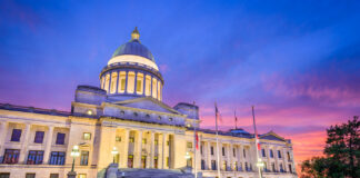 Arkansas Adult-Use Initiative Passes Final Hurdle for November Ballot Little Rock, Arkansas, USA at the state capitol during sunset