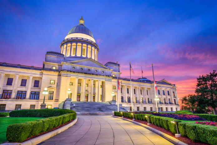 Little Rock, Arkansas, USA at the state capitol during sunset