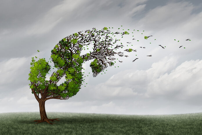 Financial trouble and money adversity or economic crisis concept as a tree being blown by the wind and damaged or destroyed by a storm as a business crisis metaphor with 3D illustration elements.