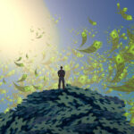 Is Legal Cannabis Putting a Dent in the Illicit Market? 2d illustration. Abstract dreamlike motivational image. Illustration of person being in a dream in imaginary world. Money. Cash. Value