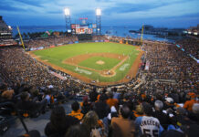 Major League Baseball and Charlotte’s Web Ink Landmark Partnership Deal San Francisco, California, USA, October 16, 2014, AT&T Park, baseball stadium, SF Giants versus St. Louis Cardinals, National League Championship Series (NLCS), crowd watches game elevated view