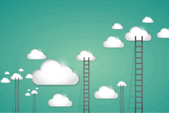 ladder to multiple clouds illustration design over a light green background