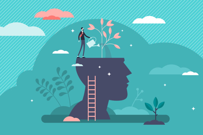 Mind growth progress concept, flat tiny person vector illustration. Head silhouette with businessman growing symbolic knowledge plant. Brain process and intellectual activity improvement strategy.