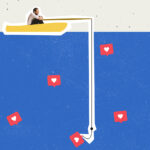 How to Avoid and Work Around Banned Social Media Accounts Searching popluarity. Contemporary art collage. Man in a boat fishing social media likes. Creative design. Concept of social media, influence, popularity, modern lifestyle and ad