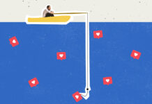 How to Avoid and Work Around Banned Social Media Accounts Searching popluarity. Contemporary art collage. Man in a boat fishing social media likes. Creative design. Concept of social media, influence, popularity, modern lifestyle and ad