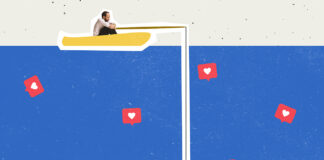 How to Avoid and Work Around Banned Social Media Accounts Searching popluarity. Contemporary art collage. Man in a boat fishing social media likes. Creative design. Concept of social media, influence, popularity, modern lifestyle and ad