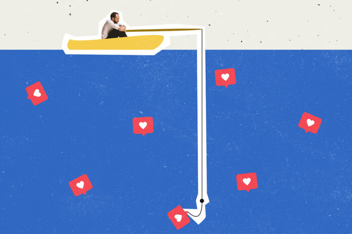 Searching popluarity. Contemporary art collage. Man in a boat fishing social media likes. Creative design. Concept of social media, influence, popularity, modern lifestyle and ad