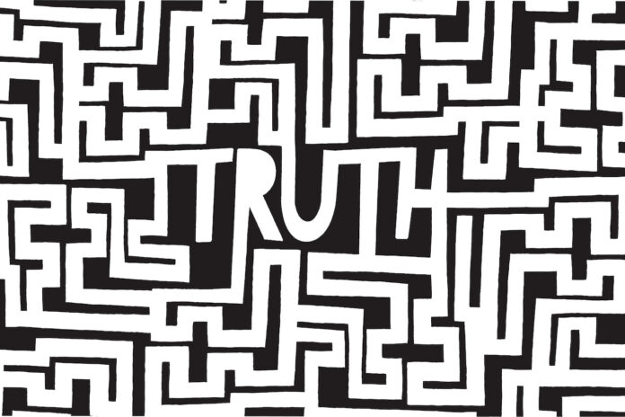 Cartoon illustration of truth word inside a complex maze or labyrinth