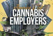 America’s Top Cannabis Employers 2022 Graphic with buildings and cars for the america's top cannabis employers 2022