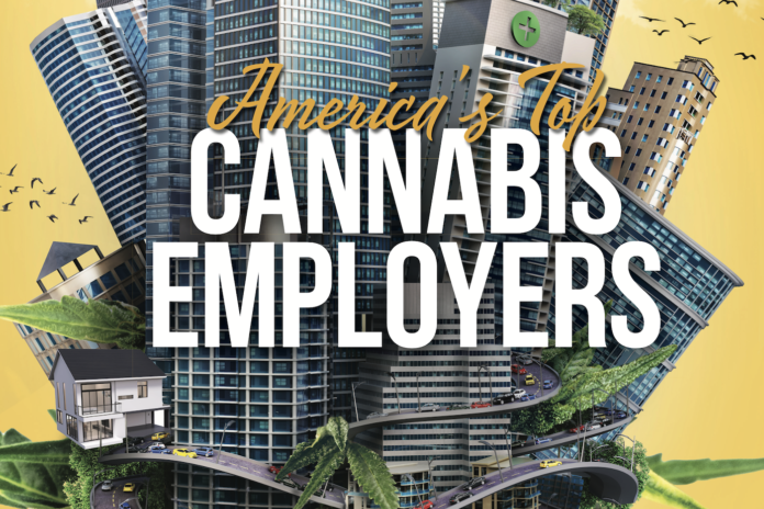 Graphic with buildings and cars for the america's top cannabis employers 2022