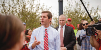 Kentucky Gov. Signs Interstate Medical and Delta-8 Executive Orders Frankfort, Kentucky- US April 13, 2018 Andy Beshear Attorney General of Kentucky, speaking to the teachers who have gathered at the capitol protesting.