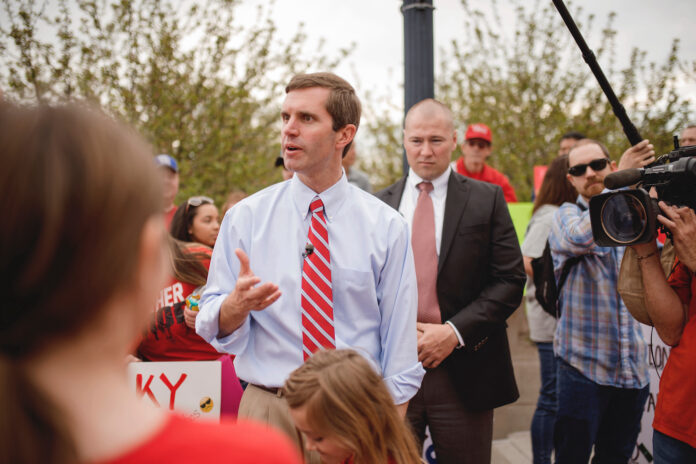 Frankfort, Kentucky- US April 13, 2018 Andy Beshear Attorney General of Kentucky, speaking to the teachers who have gathered at the capitol protesting.