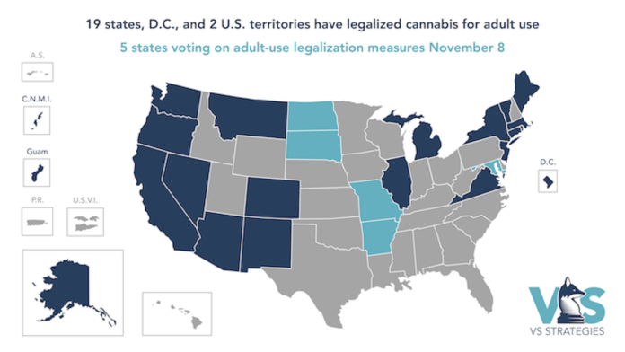 Map of states voting on cannabis legalization