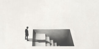 The Looming Danger of Citizen Suits illustration of man getting downstairs, fear of the dark surreal concept