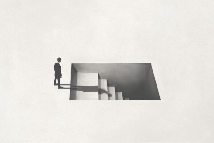 illustration of man getting downstairs, fear of the dark surreal concept