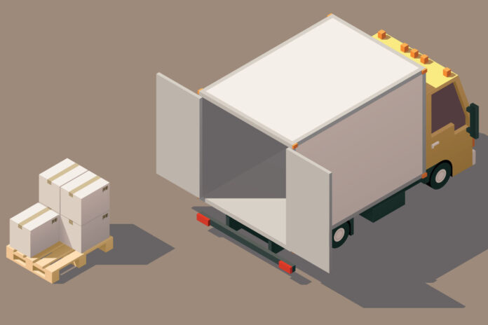 digital yellow and white box truck open with pallets
