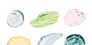 How to Sell Your Cannabis Beauty Brand This Holiday Season Set of cannabis skincare cosmetic gel, serum swatches isolated on white background. Different colored transparent skincare product smear smudge sample collection. Liquid cream with bubbles texture