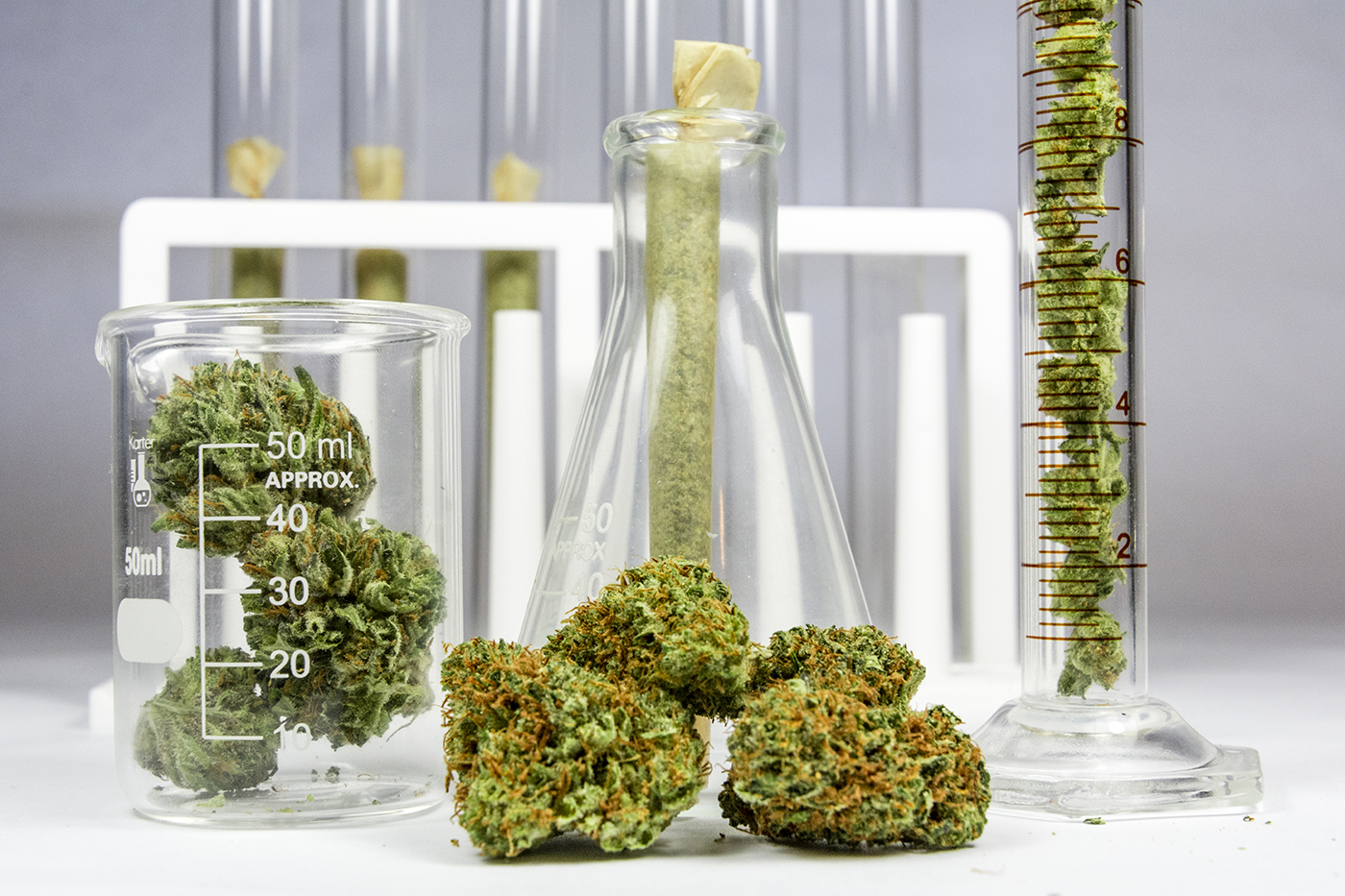 cannabis buds and glass lab testing equipment