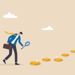 Two Industry Salary & Job Reports See the Money Moving East Searching for investment opportunity, financial success or salary raise, inspect way to make profit and earning concept, curios businessman with magnifier inspect and follow money coins trail.