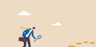 Two Industry Salary & Job Reports See the Money Moving East Searching for investment opportunity, financial success or salary raise, inspect way to make profit and earning concept, curios businessman with magnifier inspect and follow money coins trail.