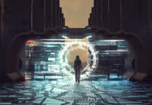 6 Cyber Risk Strategies to Protect against Potential Exposures Astronaut walks through futuristic portal on a sci fi background . This is a 3d render illustration .