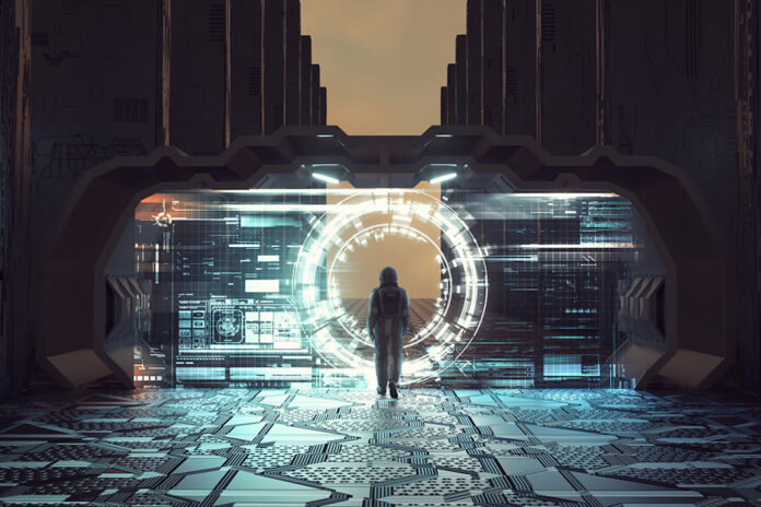 Astronaut walks through futuristic portal on a sci fi background . This is a 3d render illustration .