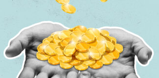 How to Avoid Scaring Off Investors Wealth, income, profit and savings concept. Contemporary art collage with male hand folding pyramid from yellow coins isolated on green background. Copyspace for ad, offer.